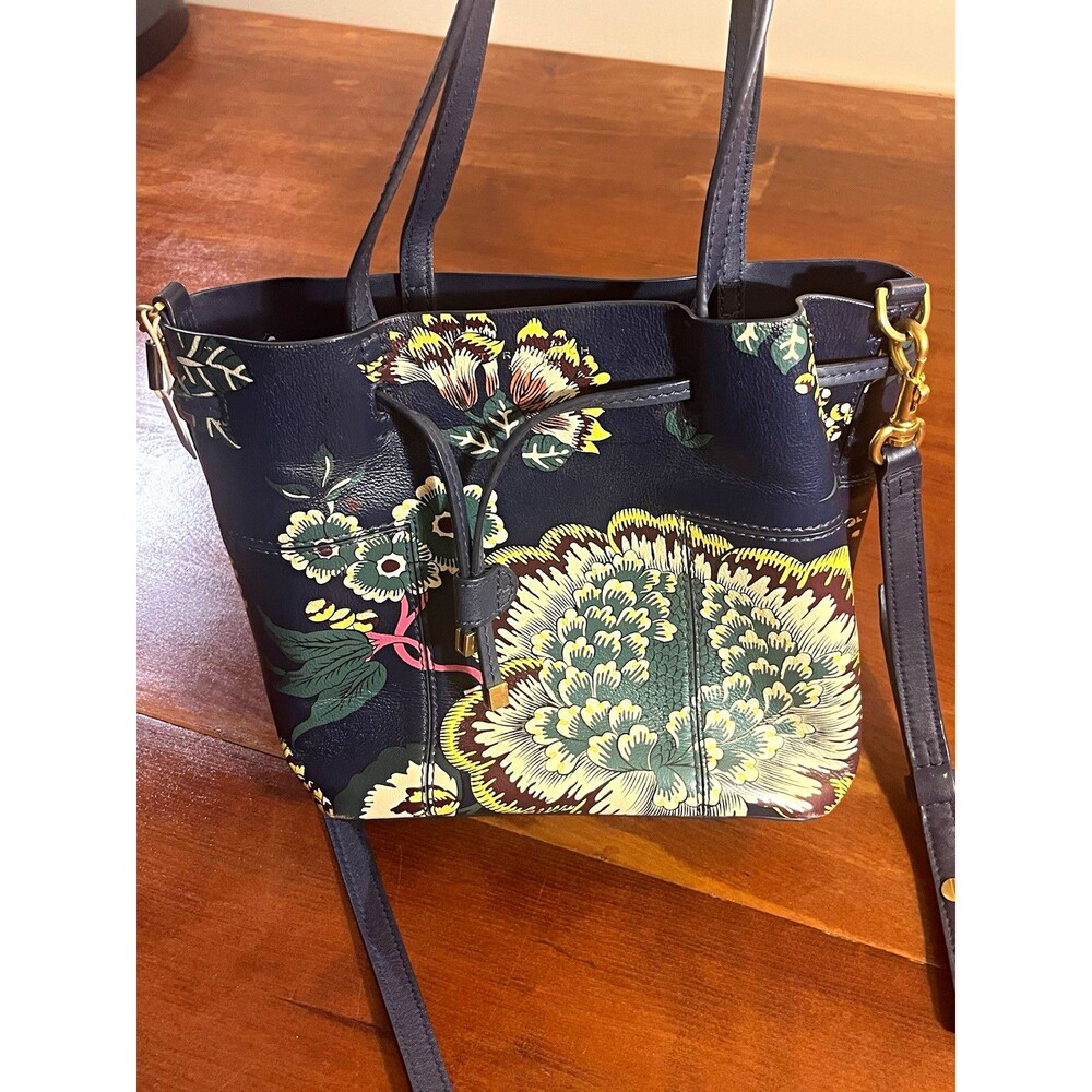 NWT Tory Burch Perry Small Navy Floral Satchel Crossbody, Gold Hardware, Pockets